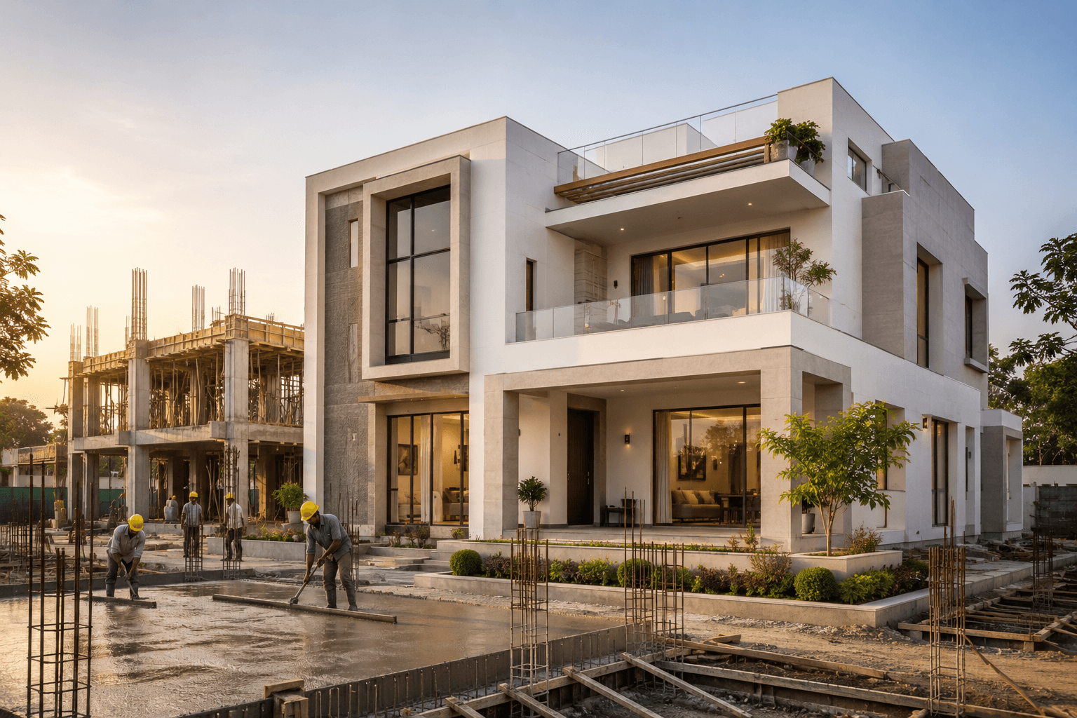 Residential construction site with a modern home